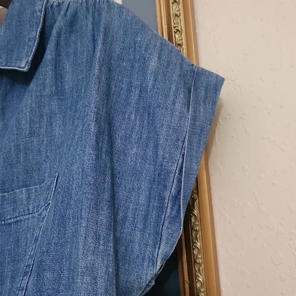 100%Cotton Chambray Cap-Sleeve Shirt Dress Size Medium Casual Lounge Coastal - Picture 4 of 11